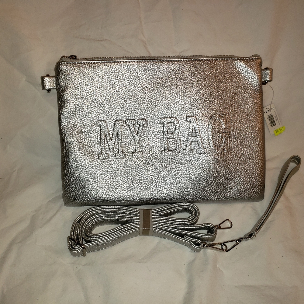 Silver zip wrist or shoulder strap envelope bag